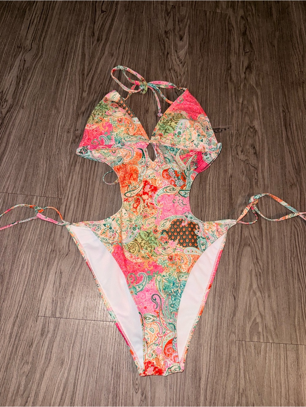 Pink & Multicolor Paisley Cutout One-Piece Swimsuit